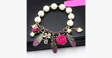 Load image into Gallery viewer, Pink Flower Feather Pearl Stretch Bracelet